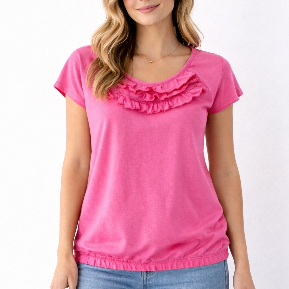 Pink Ruffle Neck Top Size S Short Sleeve Tee